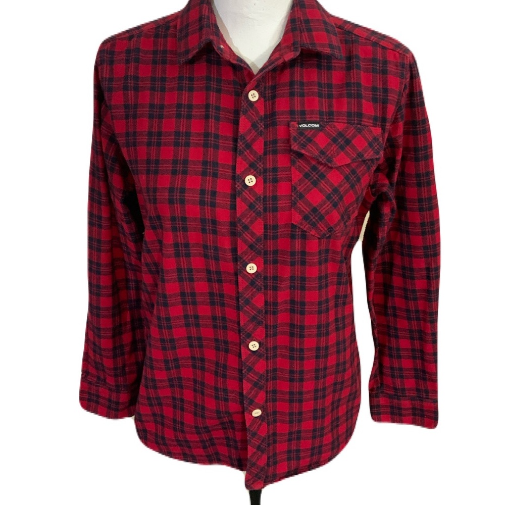 Volcom Men's Red and Black Plaid Button Down Shirt
